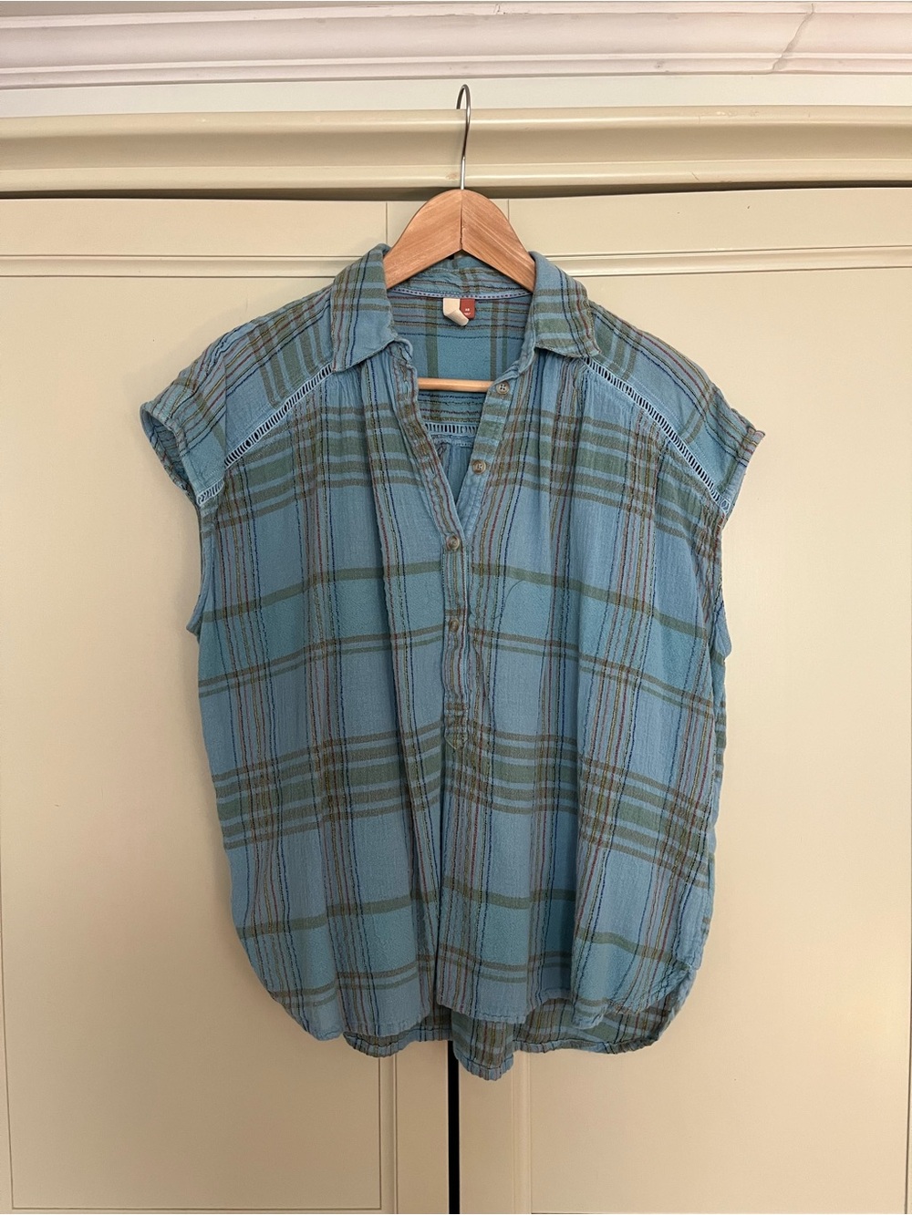 Anthropologie Blue and Green Plaid Drapey Button-Down Top